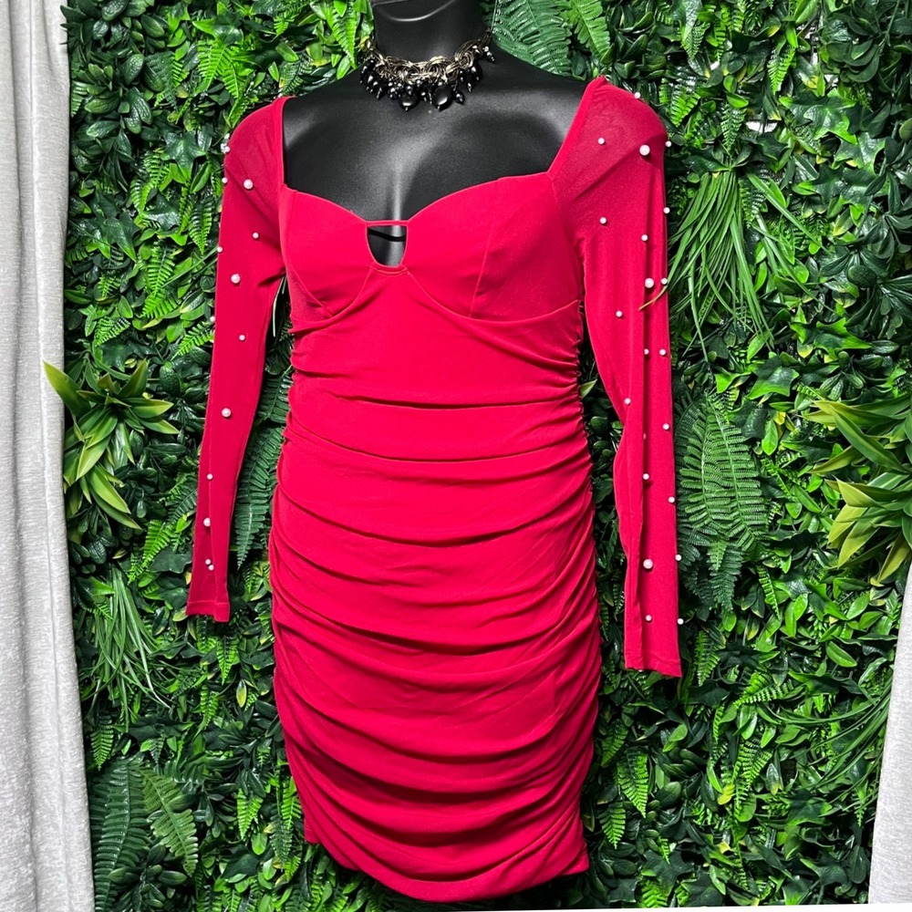 Pearl Detail‎ Womens XL Red Ruched Long Sleeve Sheer  Bodycon Mini Dress 3277